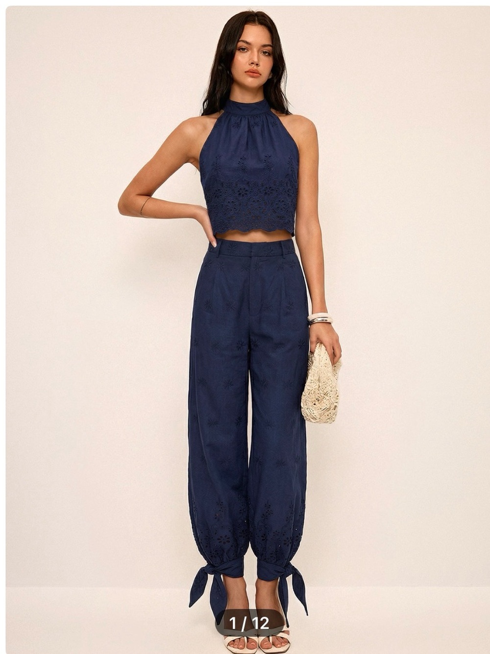 NWT - Commense Navy Eyelet Halter Crop Top & Wide-Leg Tie-Hem Pants